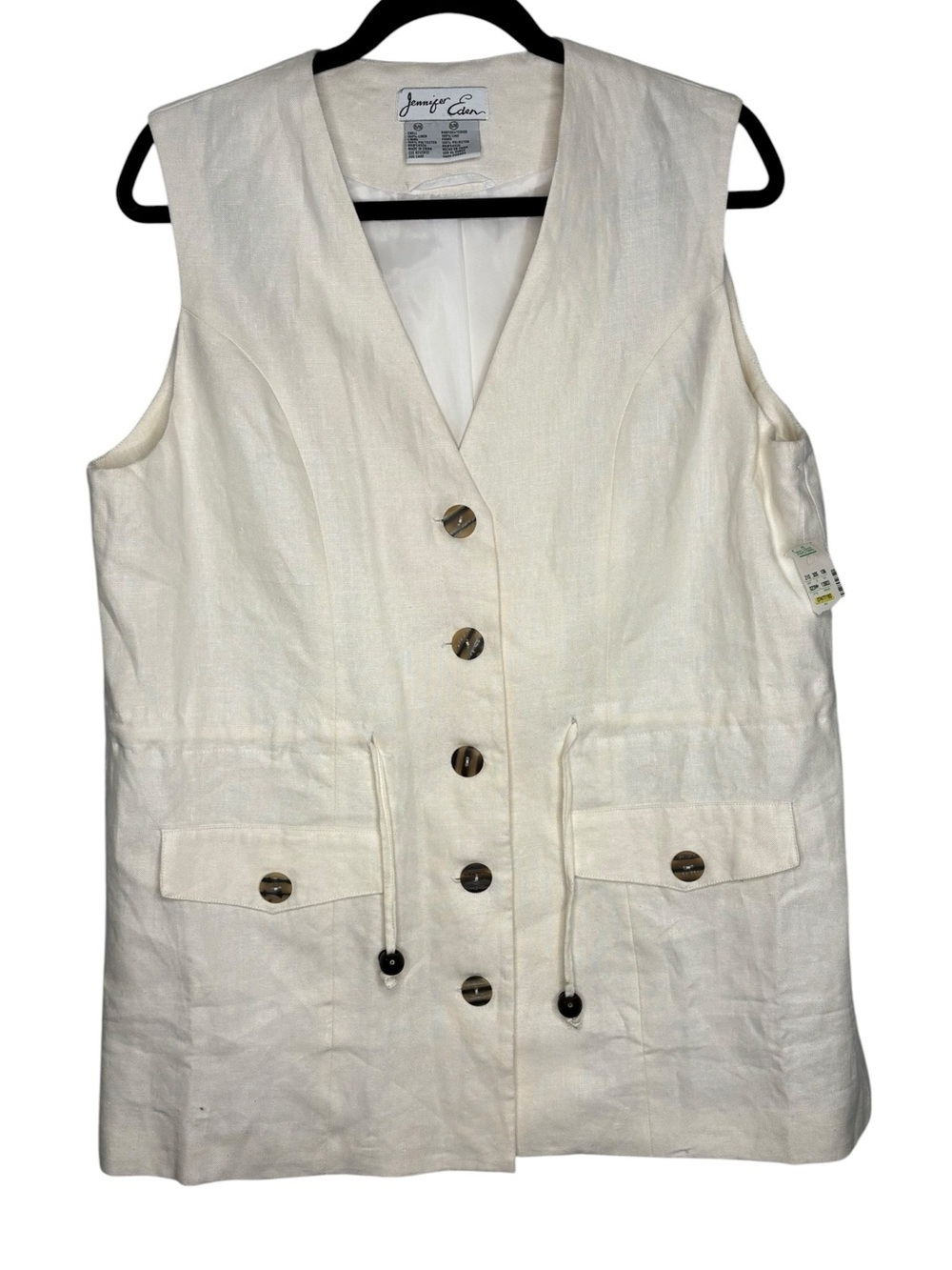 NEW VTG Jennifer Eden Tan White Linen Vest Button Front Drawstring Waist 15/16